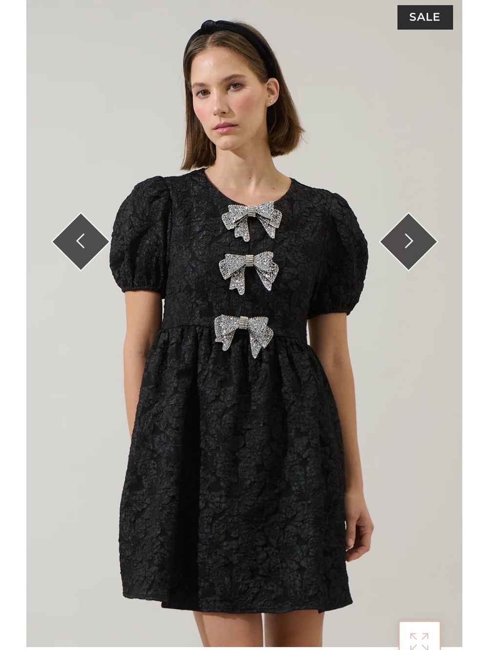 Sugarlips Black Lace Puff-Sleeve Dress with Silver Bow Trim